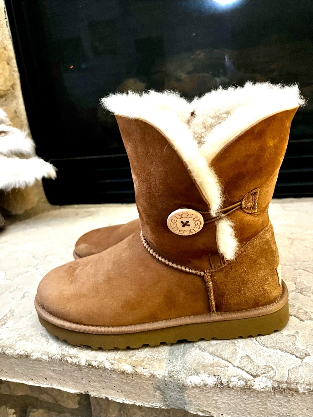 UGG Chestnut Suede Sheepskin Button Short Boots
